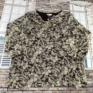 NWT Women’s Lady Dorby Brown & Cream Floral Bell Sleeve Flowy Shirt (26W) GC11